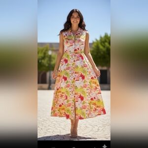 Danny & Nicole Long Buttond Down Dress Novelty City Scene Sz 6 Elastic Waist